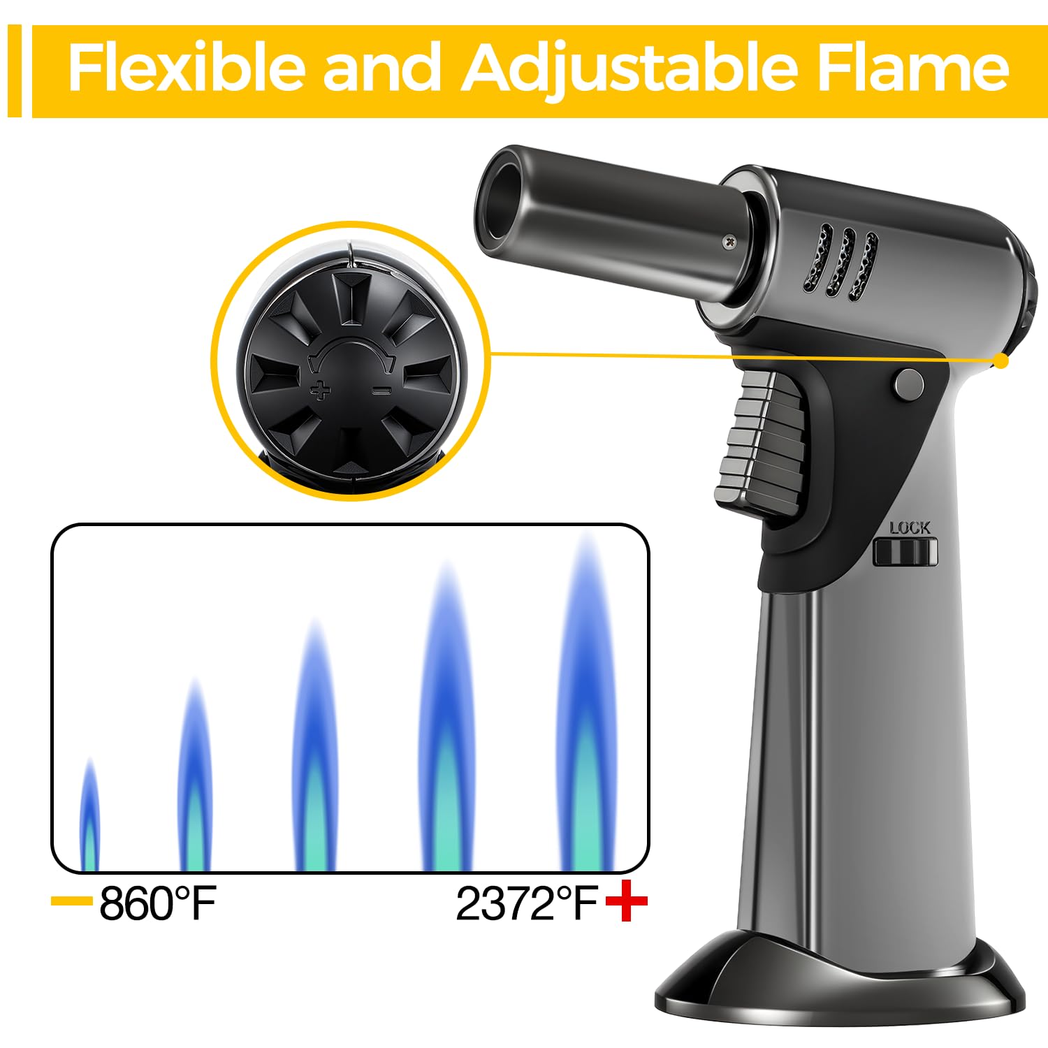 Amrnish kitchen torch shows adjustable flame for baking and grilling.