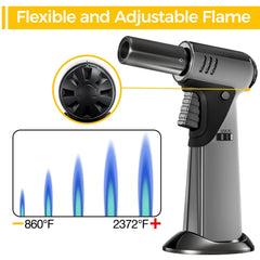 Amrnish kitchen torch shows adjustable flame for baking and grilling.