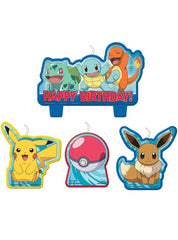 Amscan Pokemon birthday candle set for cakes, featuring Eevee, Pikachu, and Pokeball, ideal for kid's celebrations.