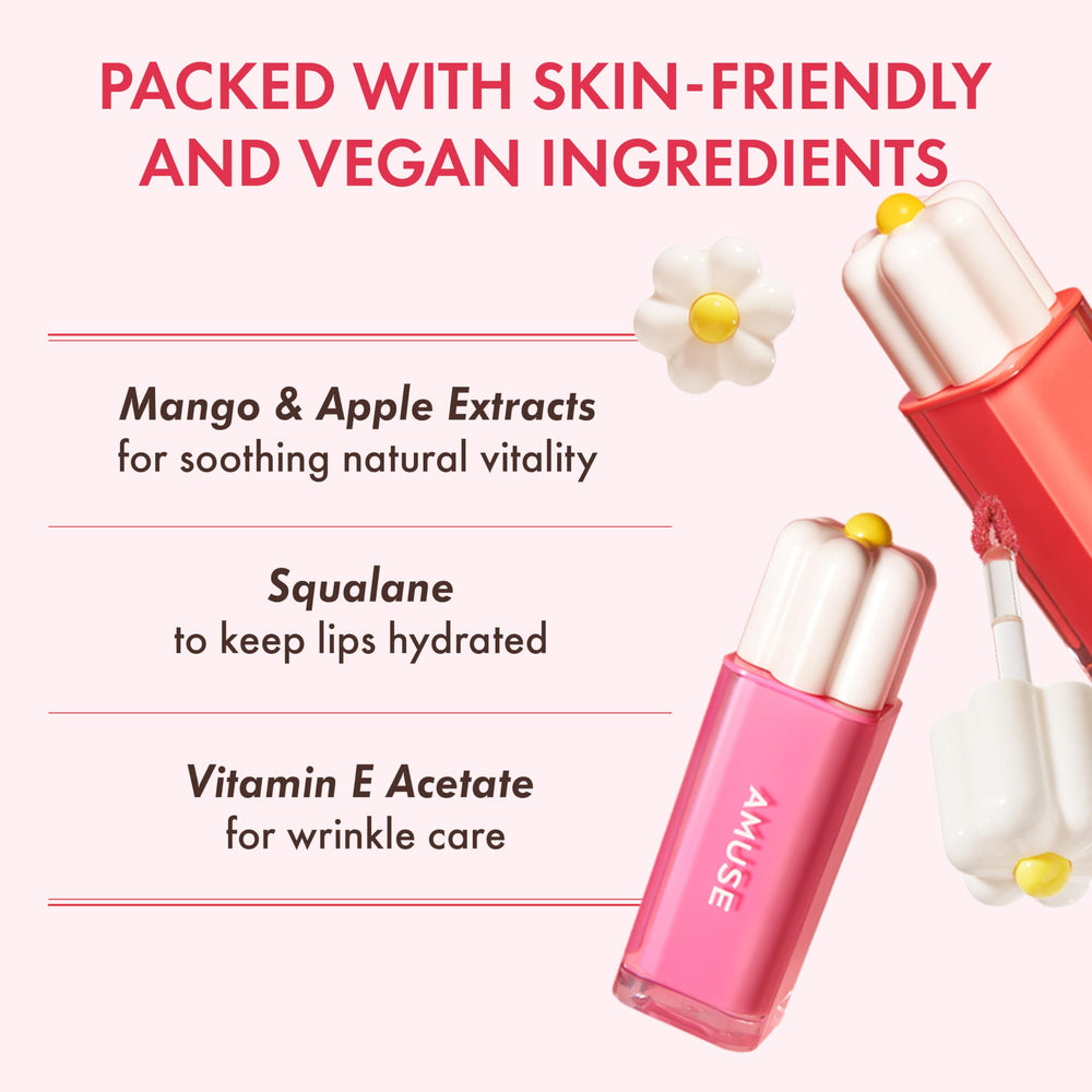 Glossy finish achieved with Amuse Seoul Daisy Flower Dew Tint on lips.