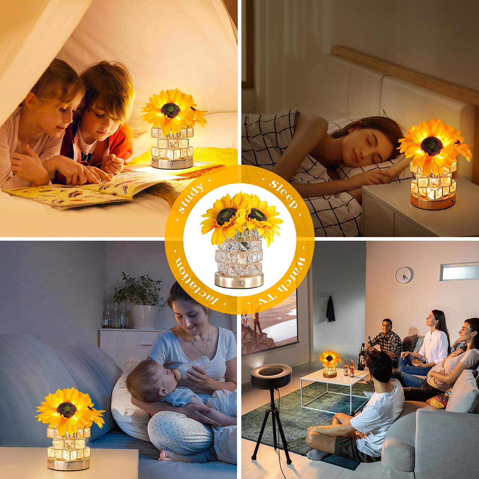AMWGIMI Sunflowers Lamp sits atop a crystal pot base for decorative appeal