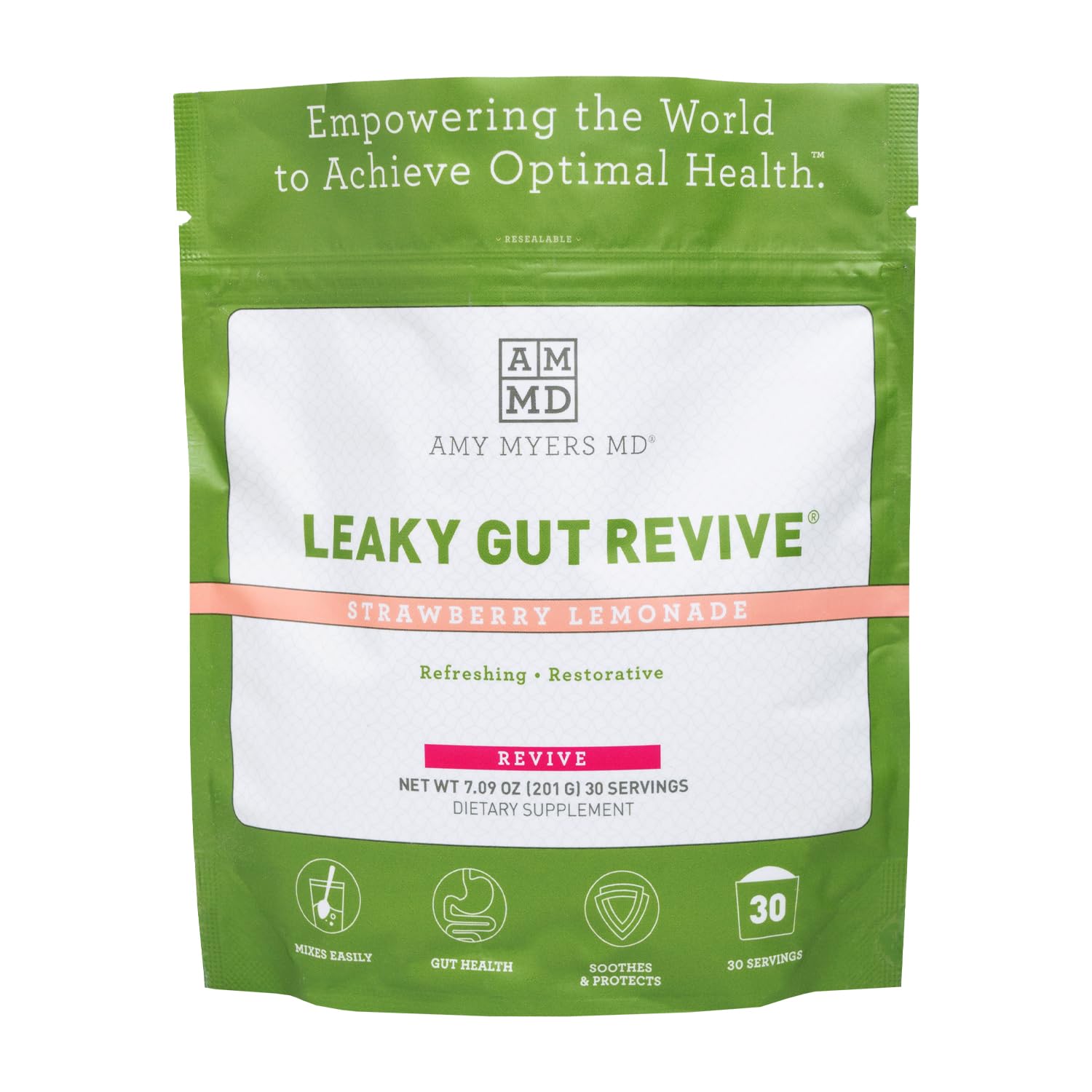 Amy Myers MD Leaky Gut Revive bottle shown on a kitchen counter for daily gut support
