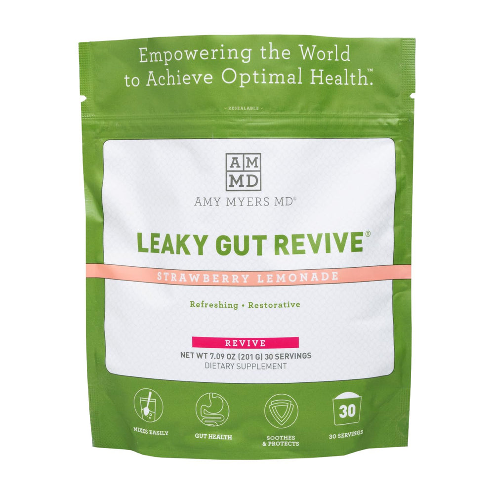 Amy Myers MD Leaky Gut Revive bottle shown on a kitchen counter for daily gut support