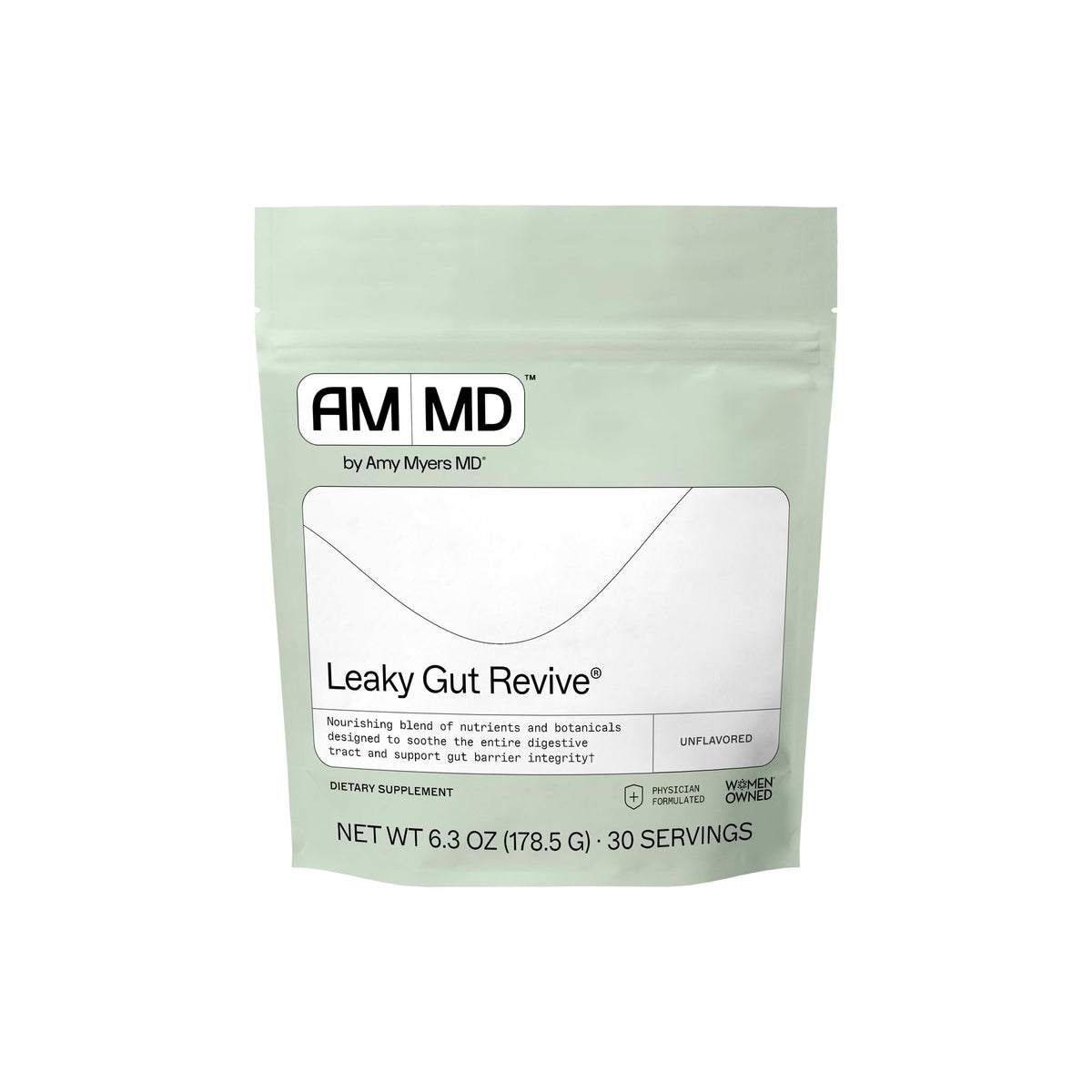 Amy Myers MD Leaky Gut Revive bottle front label showing gluten-free, non-dairy gut support.
