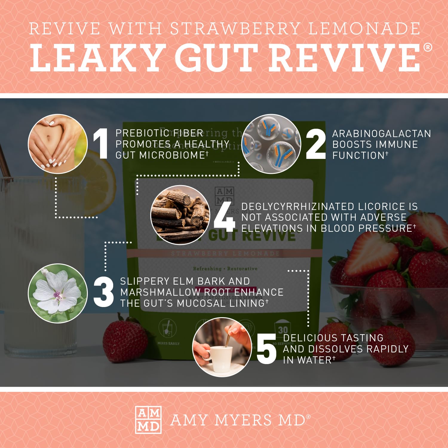 Amy Myers MD Leaky Gut Revive label featuring Strawberry Lemonade flavor