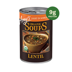 Amy's Light in Sodium Lentil Soup cans for convenient plant-based meals