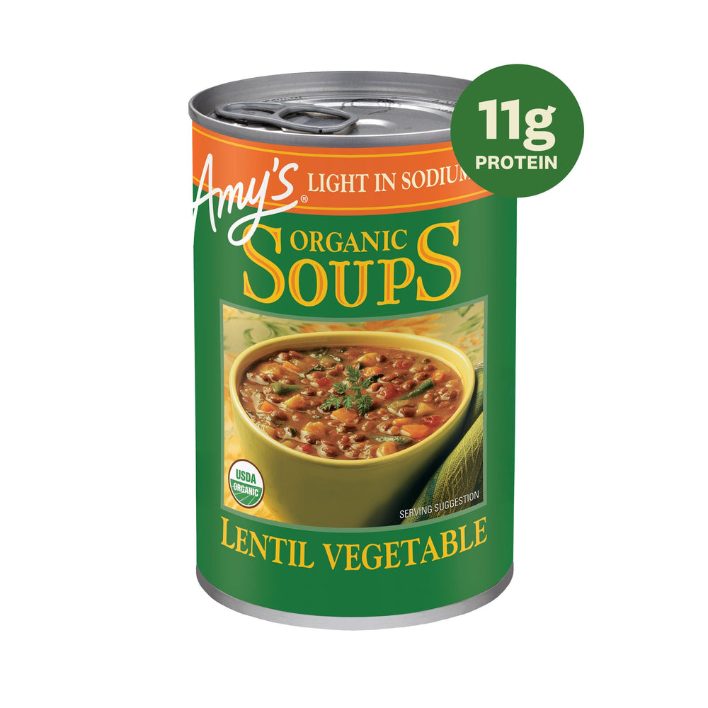 Amy's Light in Sodium Split Pea Soup cans for hearty comfort anytime