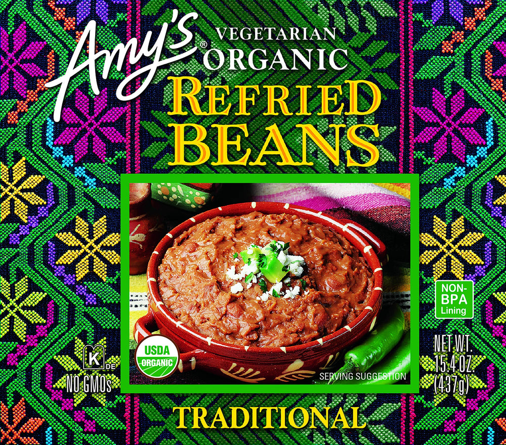 Amy's Organic Refried Beans label highlights organic, gluten-free, vegan certifications.