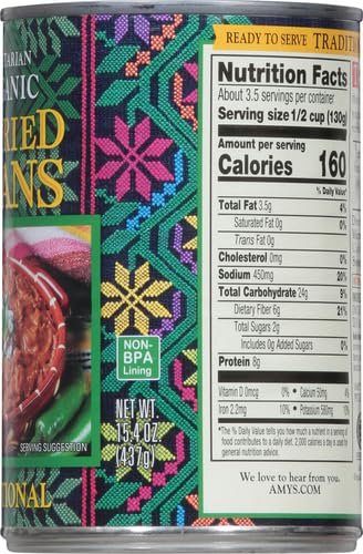 Amy's Organic Refried Beans packaging front, convenient canned option.