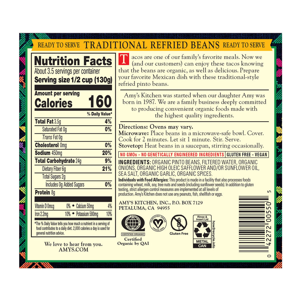 Amy's Organic Refried Beans serving bowl, family-friendly plant-based dinner option.