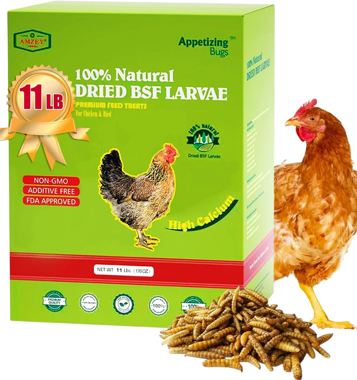 Amzey 11 LBS BSF larvae in a box for bulk poultry treats.