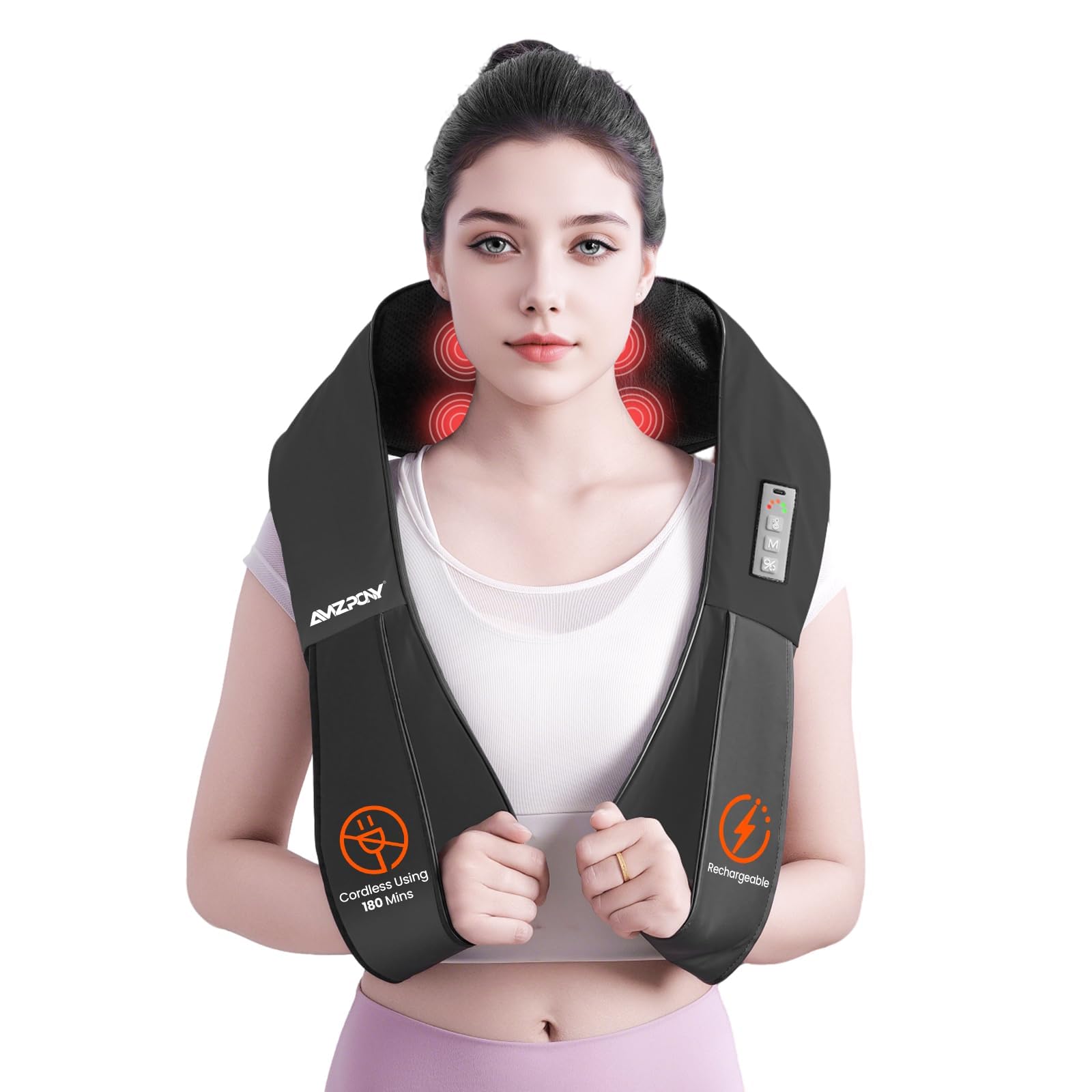 AMZPONY cordless neck massager in use providing wireless on-the-go relief