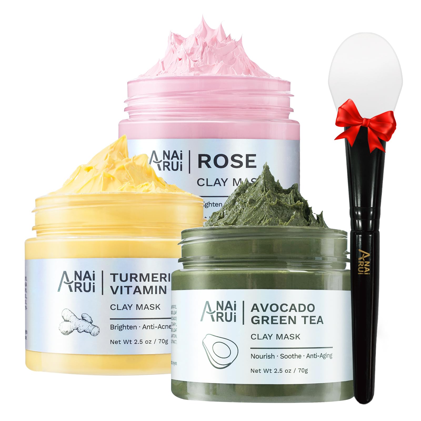 ANAI RUI 3-pack clay mask set front view for a convenient home spa routine.