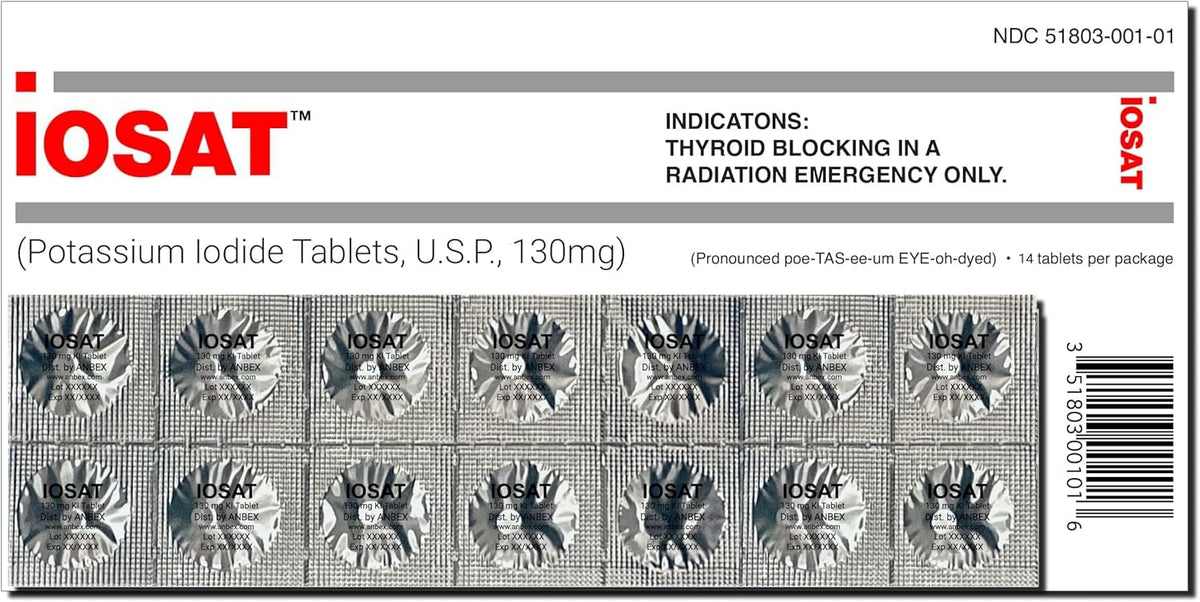 ANBEX IOSAT 130 mg tablets in bottle for emergency readiness.