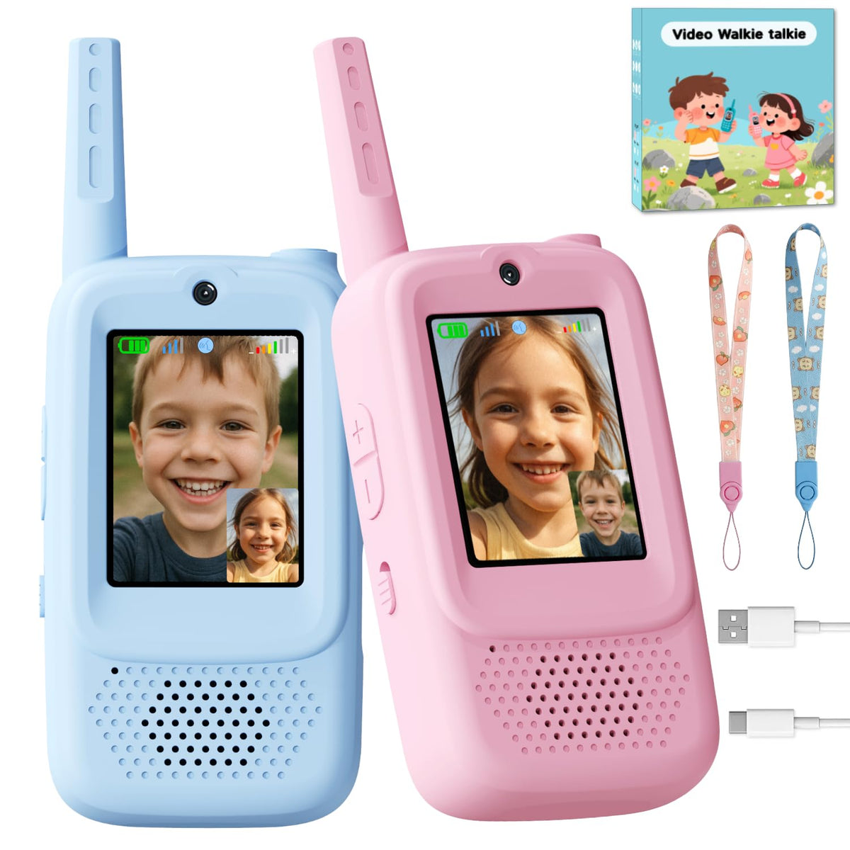 ANBURI video walkie talkie blue pair with screen for real-time video play
