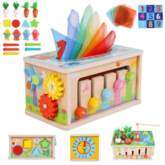 Ancaixin 6-in-1 Montessori tissue box toy, wooden cube promotes early fine motor play.