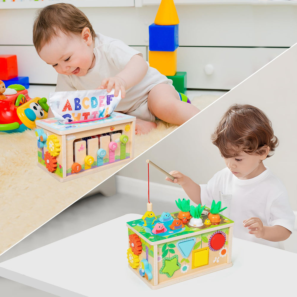 Ancaixin contents showcase in a wooden box encourages tactile exploration and sorting.