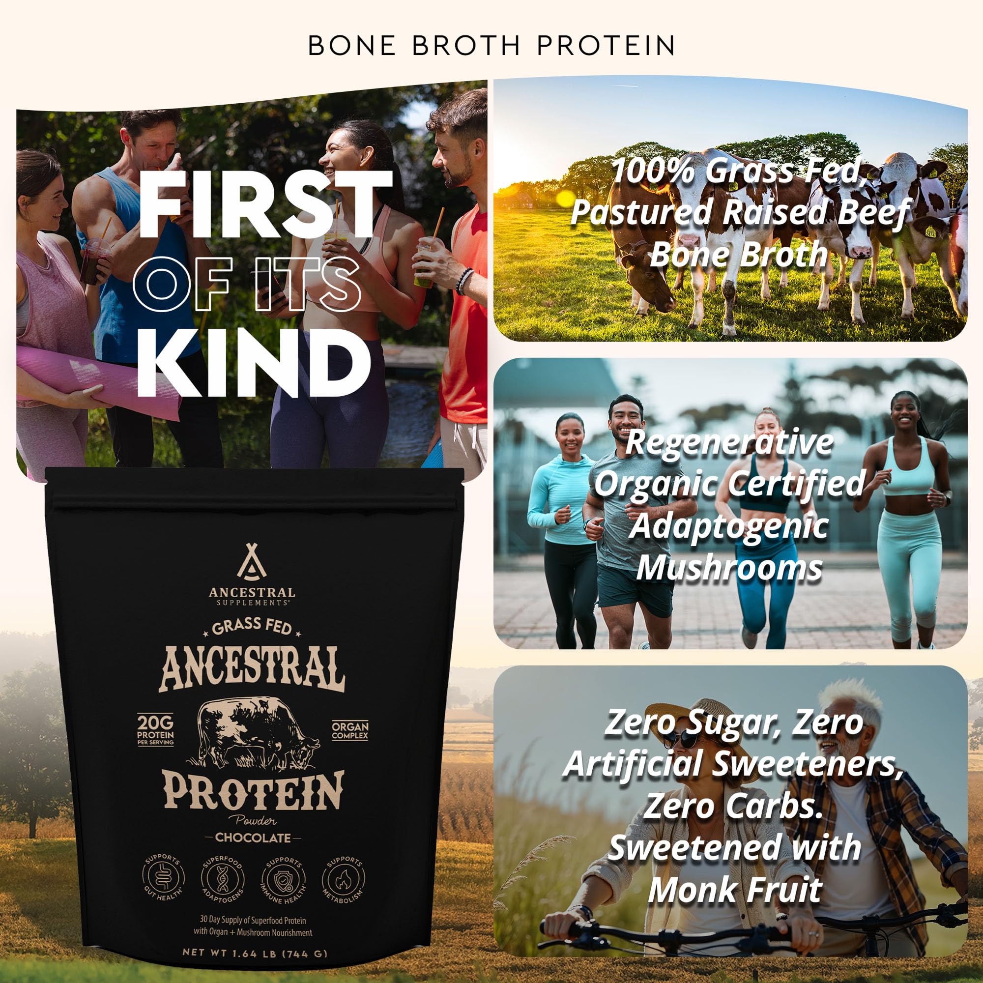 Ancestral Supplements beef bone broth ingredients bag highlighting nutrient-dense protein