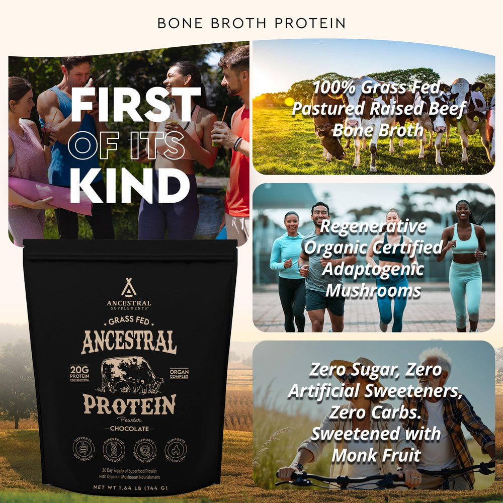 Ancestral Supplements beef bone broth ingredients bag highlighting nutrient-dense protein