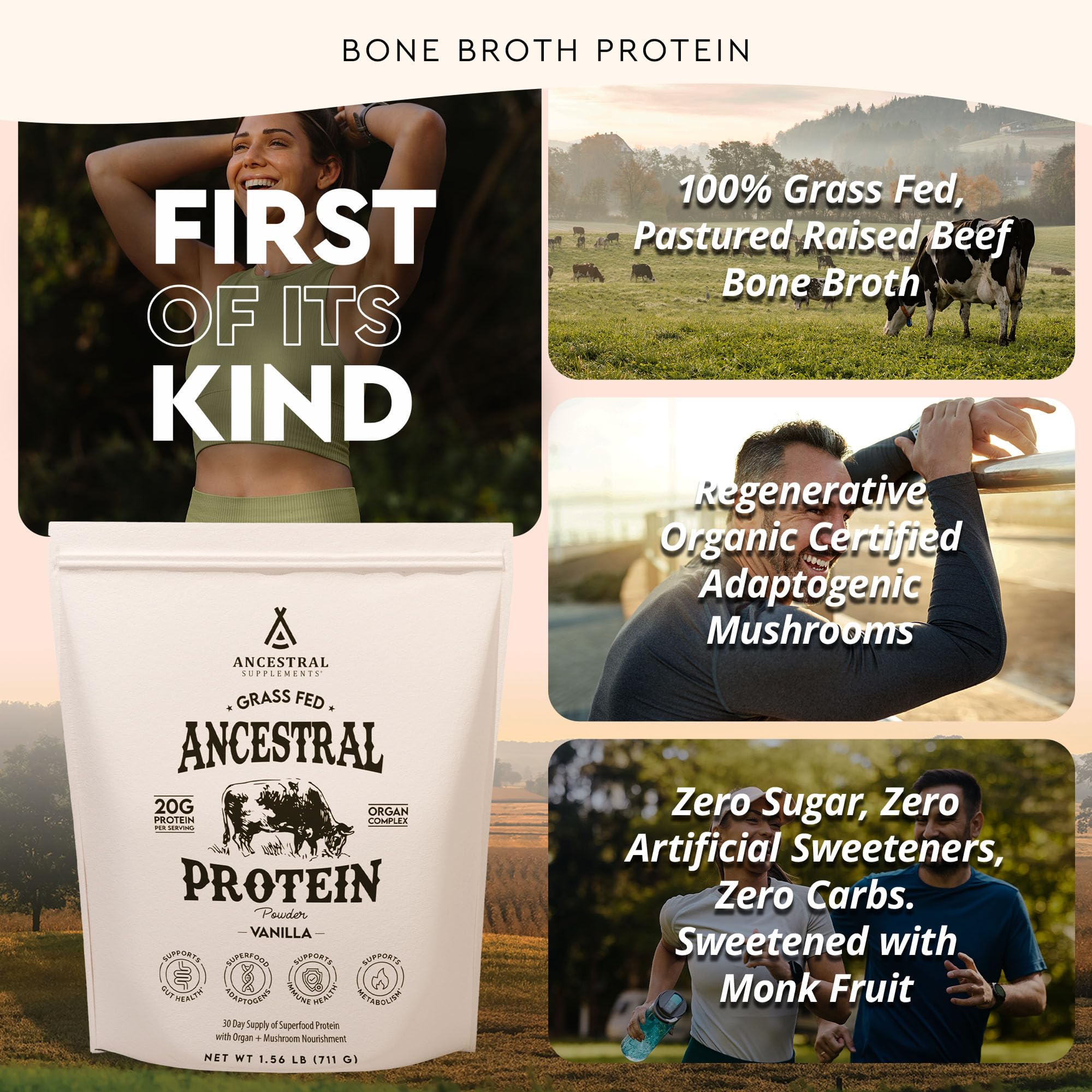 Ancestral Supplements beef bone broth powder highlights rich umami and a nutrient-dense broth base.