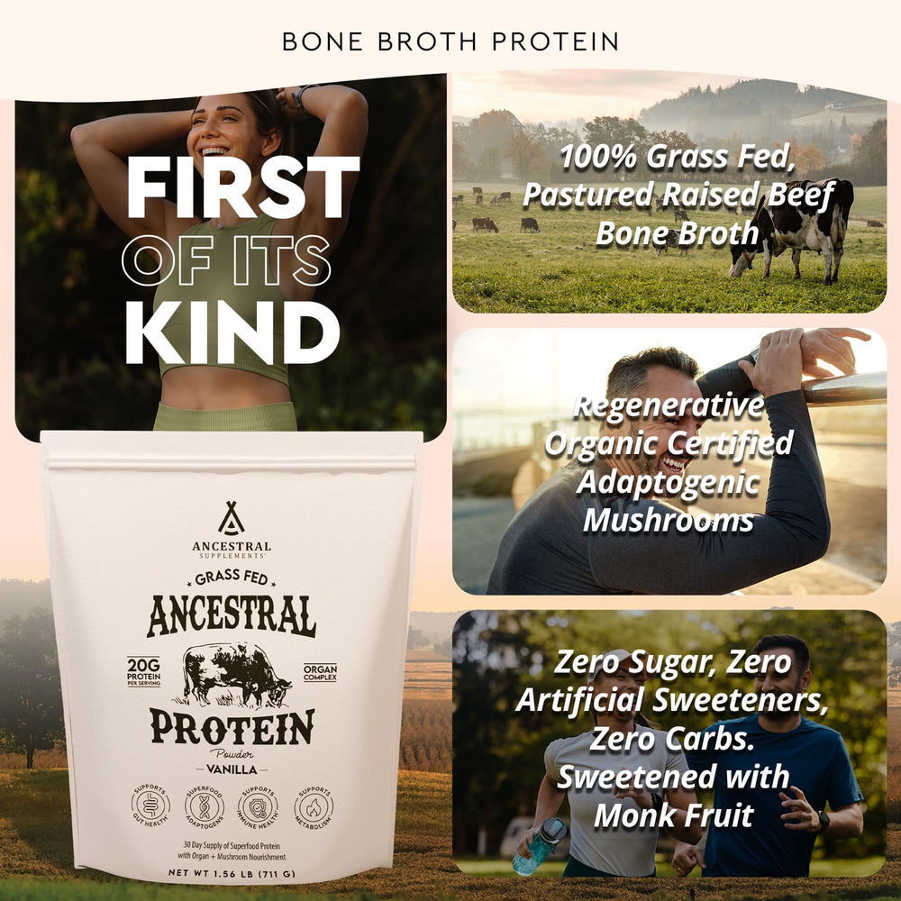 Ancestral Supplements beef bone broth powder highlights rich umami and a nutrient-dense broth base.