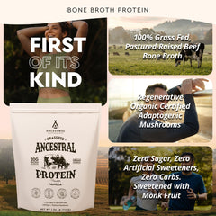 Ancestral Supplements beef bone broth powder highlights rich umami and a nutrient-dense broth base.