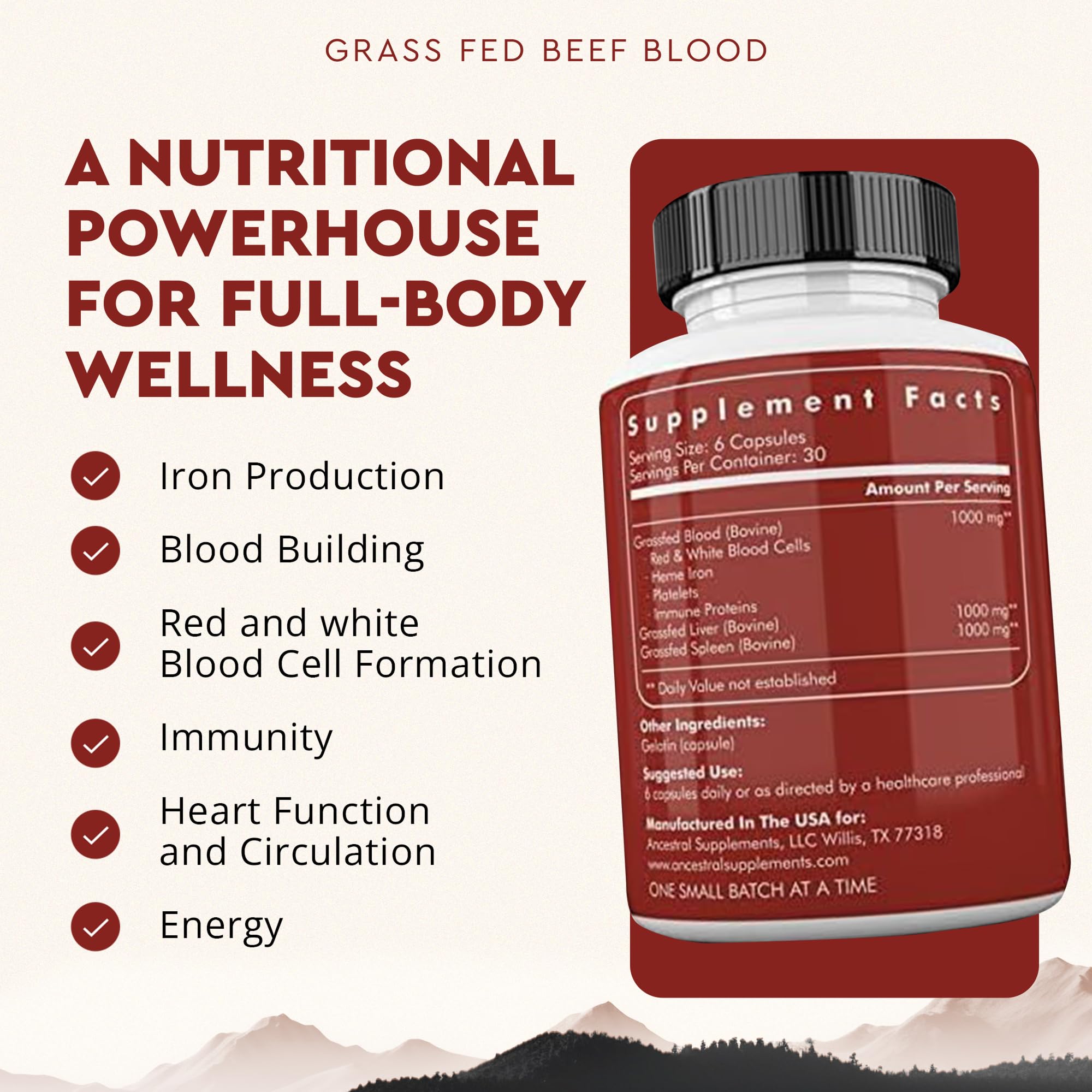 Bottle and capsules illustrate clean GMO-free whole-food supplementation from pasture-raised cattle