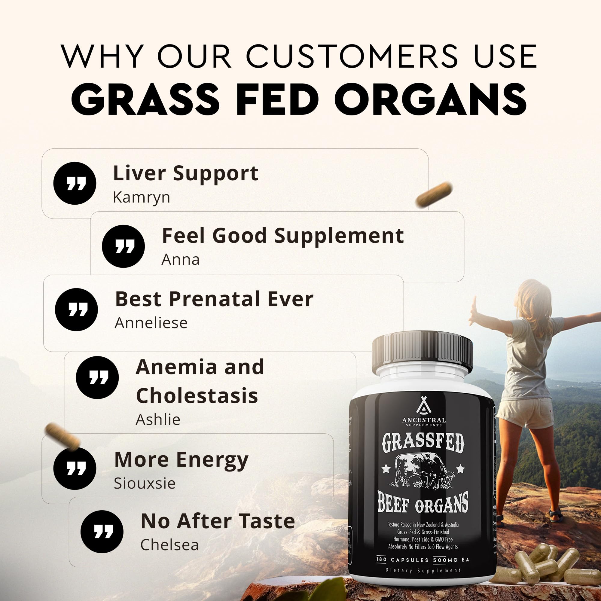 Close-up image of Ancestral Supplements capsules in the grass-fed beef organ blend