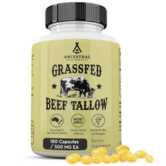 Ancestral Supplements grass-fed beef tallow capsules bottle front supports daily wellness.