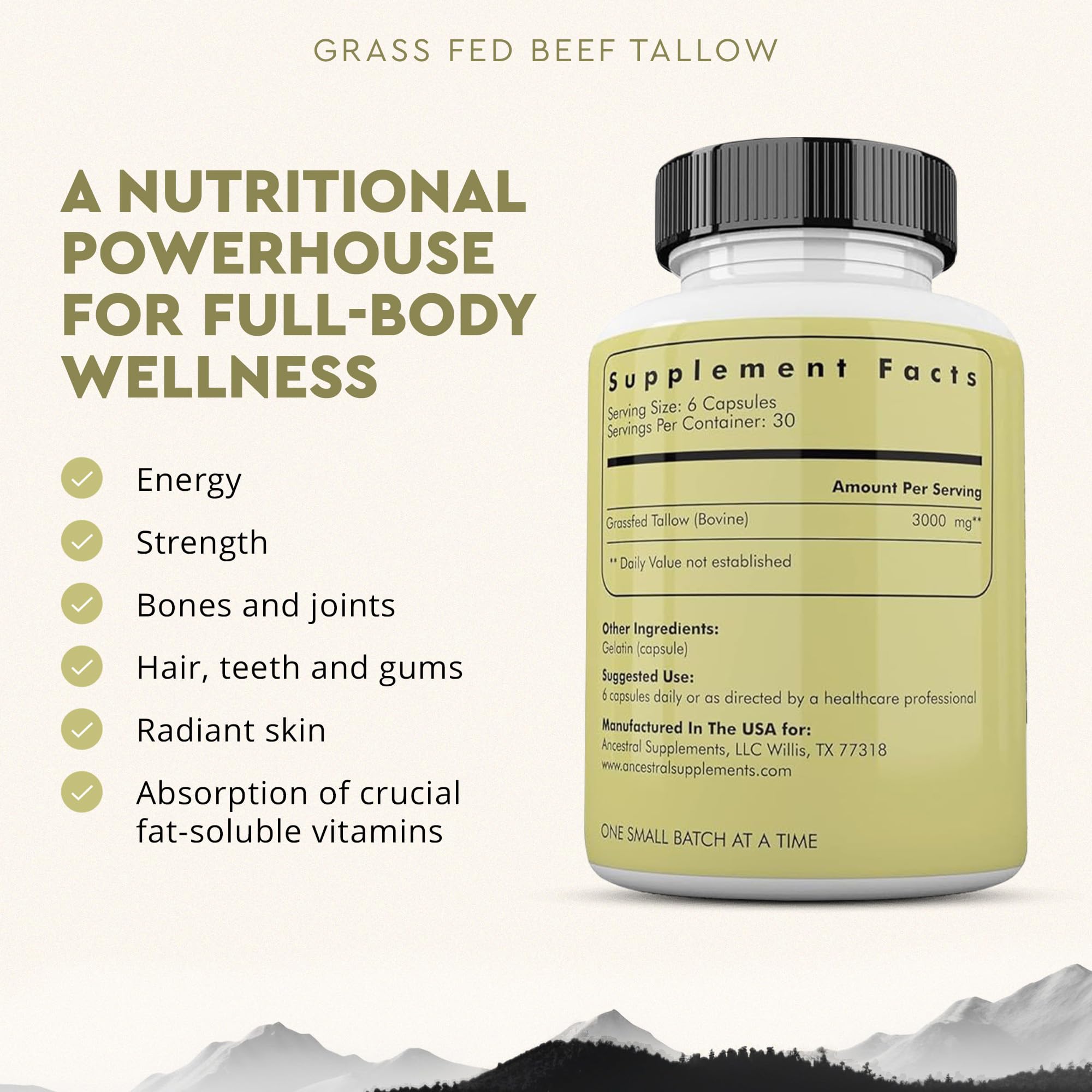 Ancestral Supplements bottle side view highlights non-GMO, pasture-raised origin for clean nutrition.