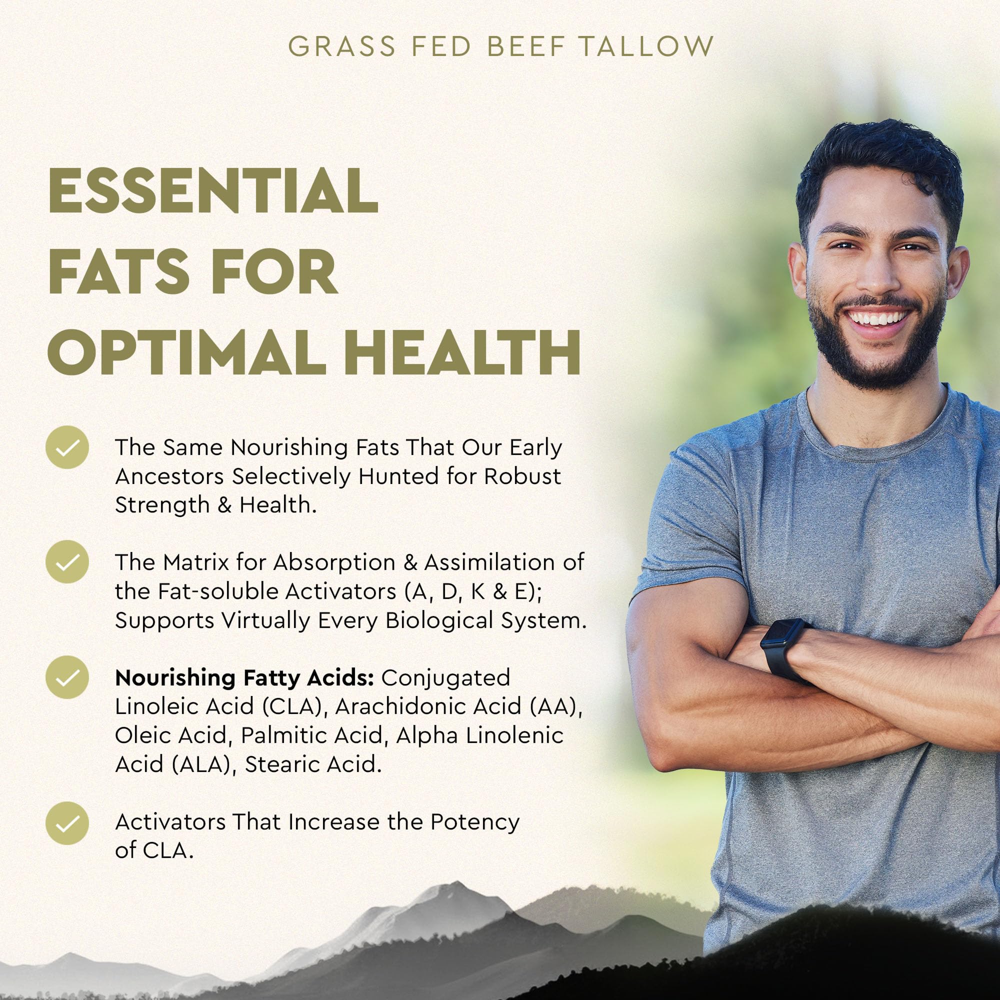 Ancestral Supplements label detail emphasizes grass-fed origin and purity in beef tallow capsules.