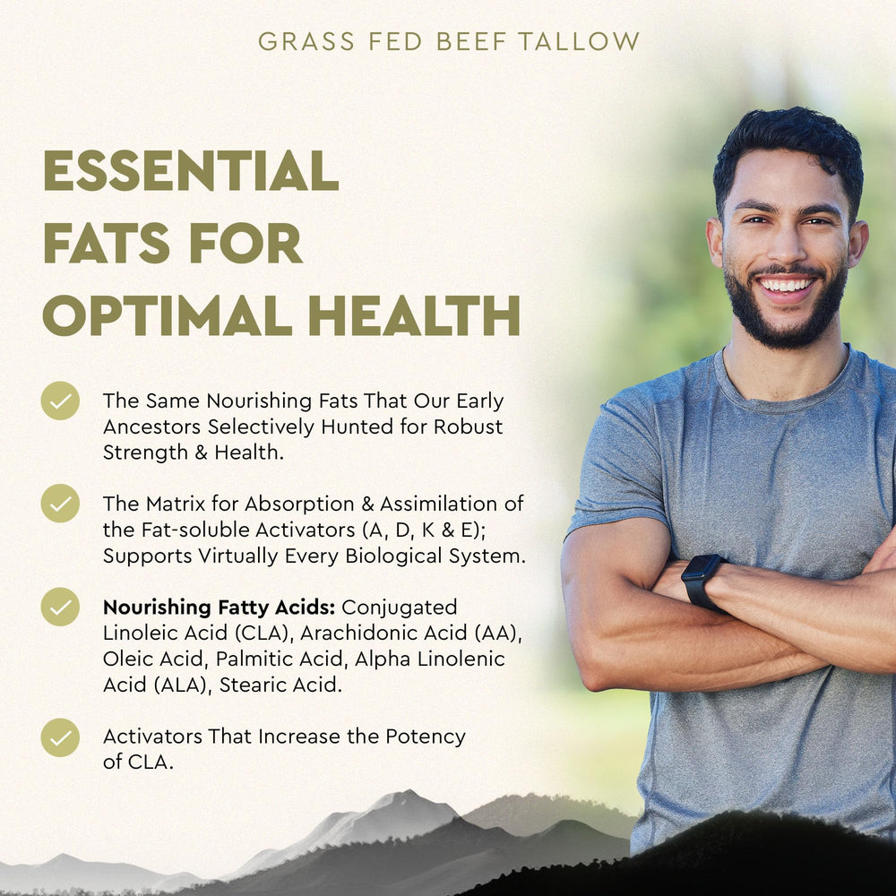 Ancestral Supplements label detail emphasizes grass-fed origin and purity in beef tallow capsules.