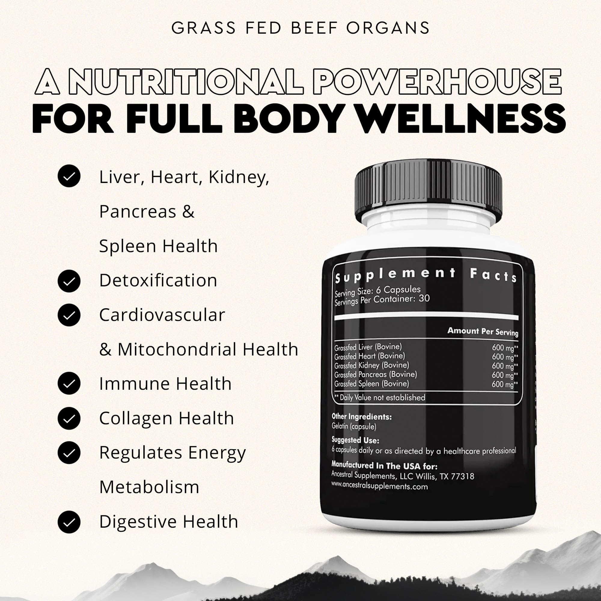 Ancestral Supplements grass-fed heart bottle highlighting CoQ10-rich tissue for energy