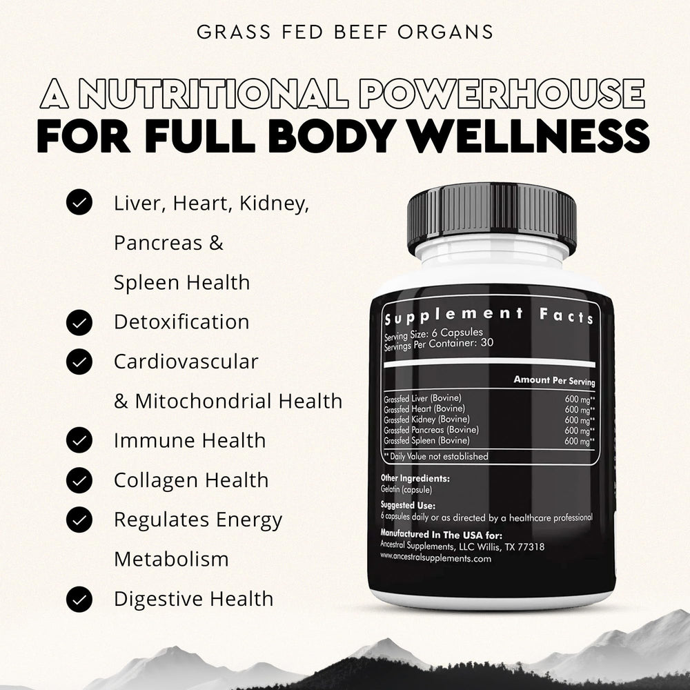 Ancestral Supplements grass-fed heart bottle highlighting CoQ10-rich tissue for energy