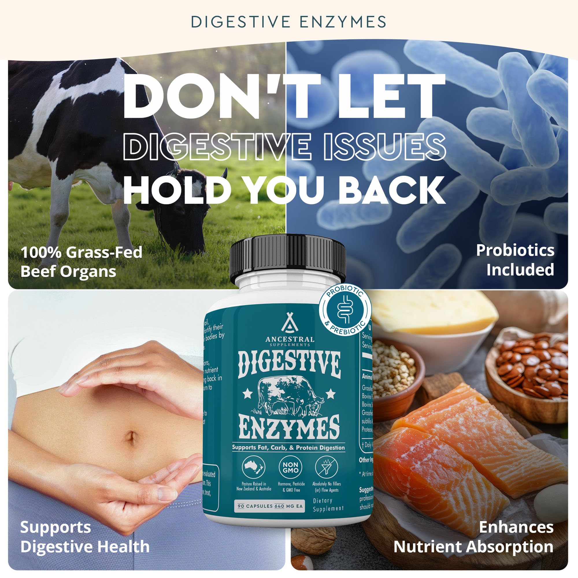 Ancestral Supplements grass-fed organs bottle highlights nutrient-dense kidney and liver.