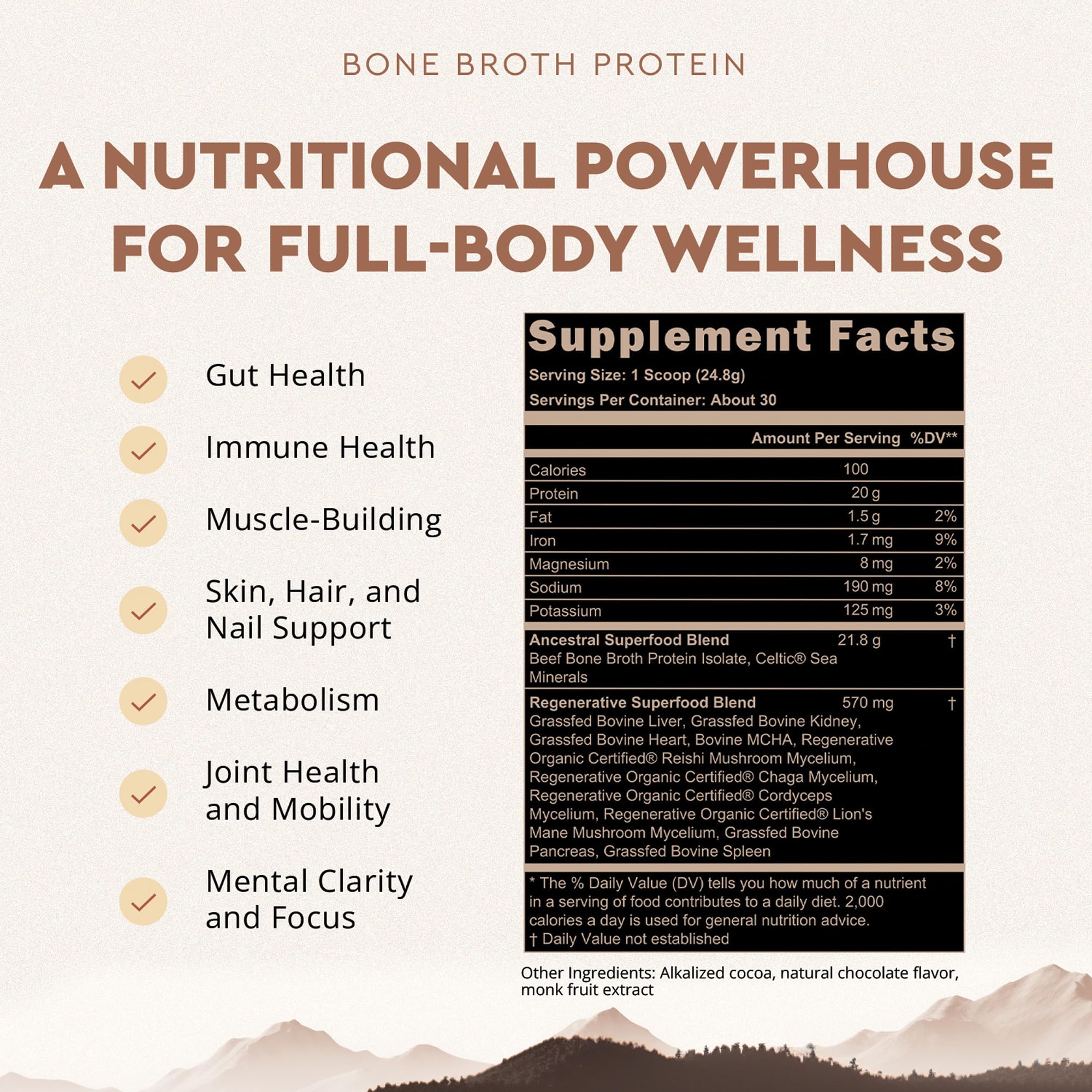 Ancestral Supplements chocolate protein powder scoop for a quick shake