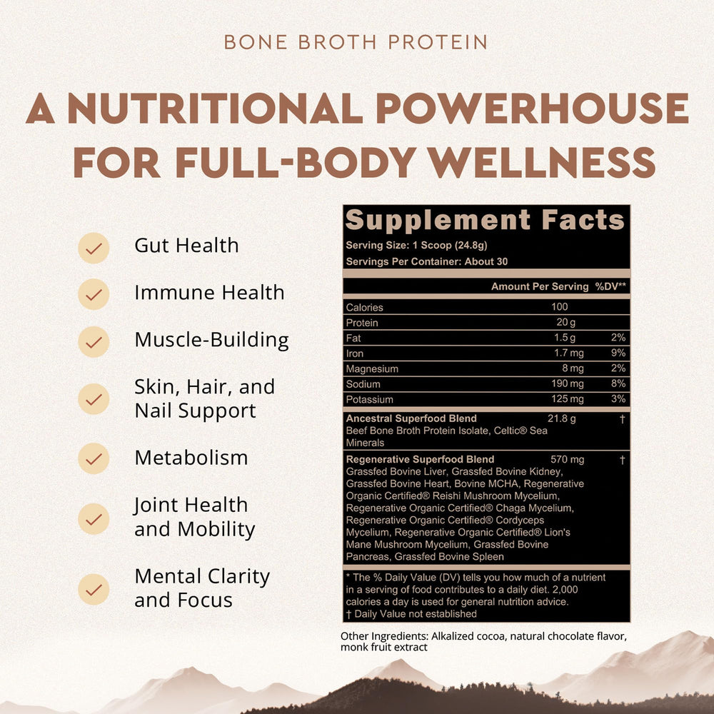 Ancestral Supplements chocolate protein powder scoop for a quick shake