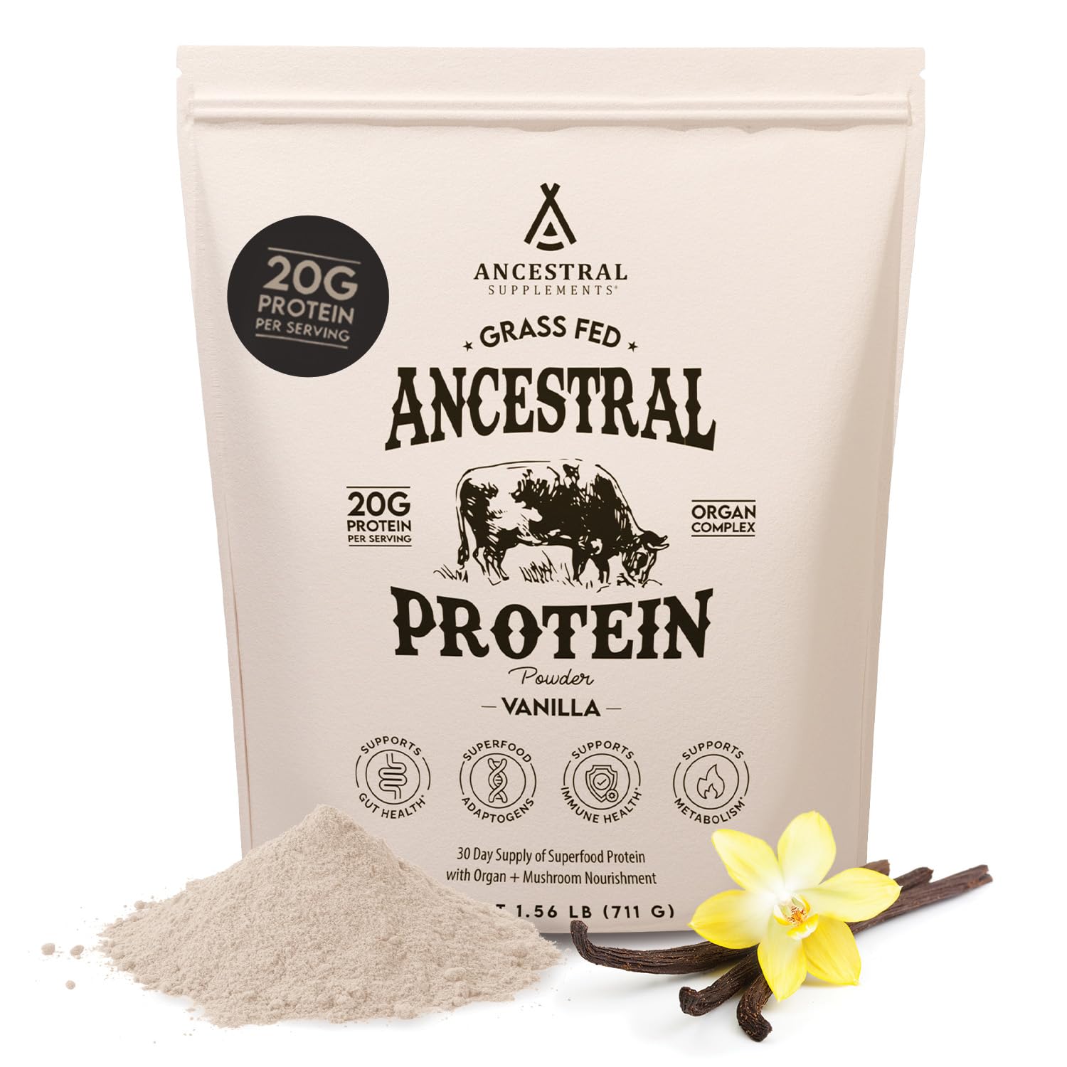 Ancestral Supplements grass-fed vanilla protein tub for daily shakes and meals.
