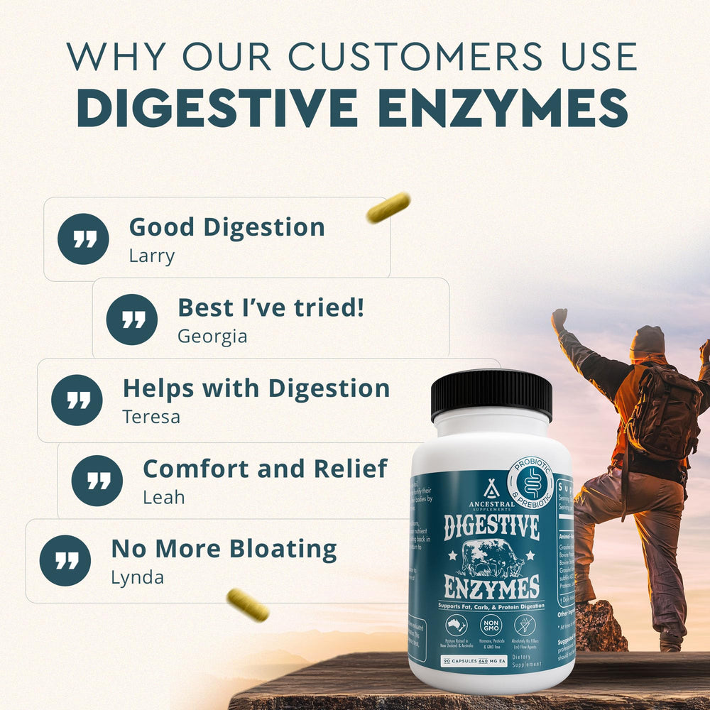 Sourcing label for Ancestral Supplements from NZ and Australia, signaling trusted origins.