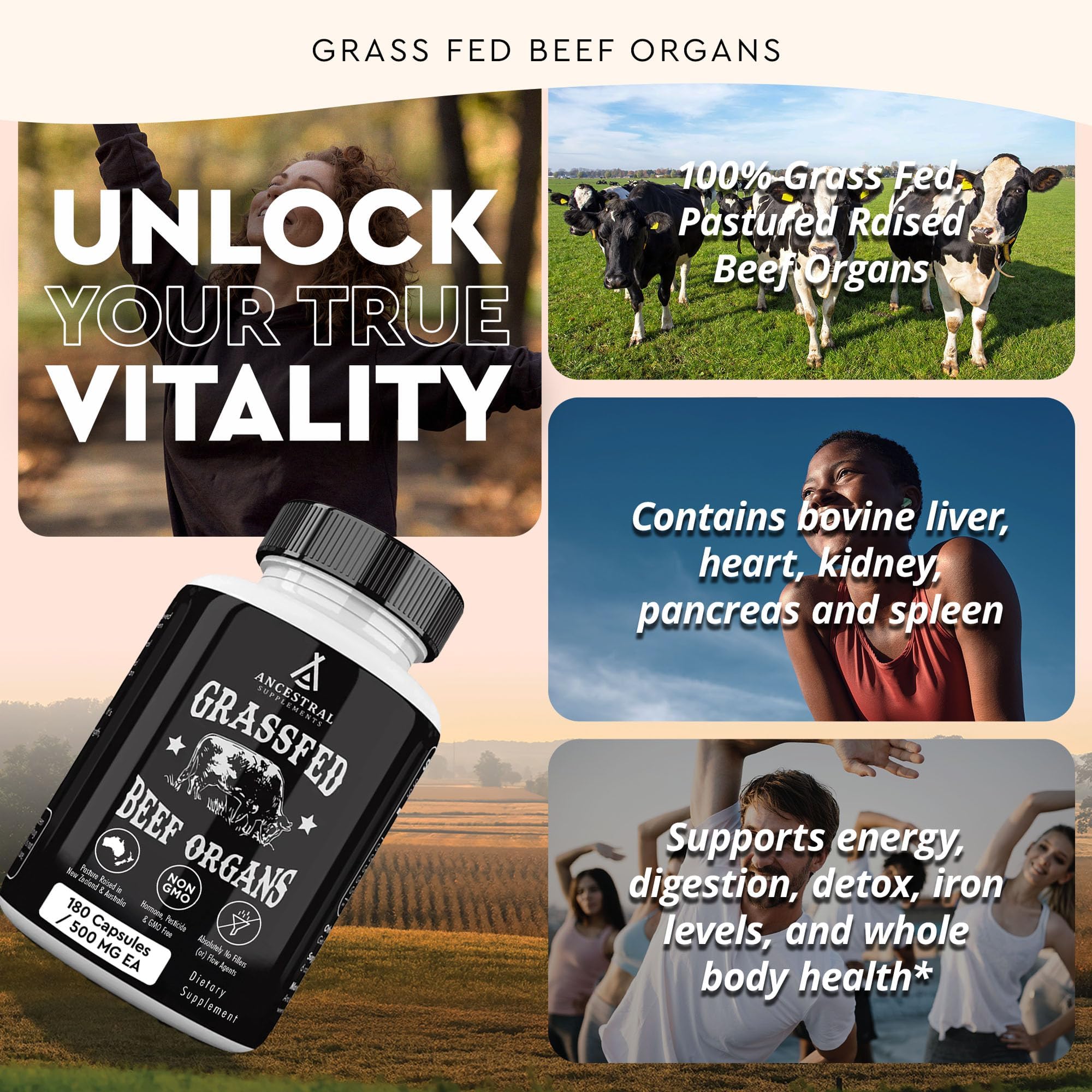 Ancestral Supplements packaging label for grass-fed beef organ blend