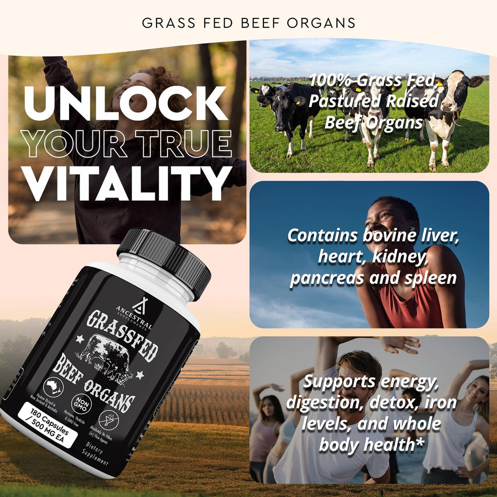 Ancestral Supplements packaging label for grass-fed beef organ blend