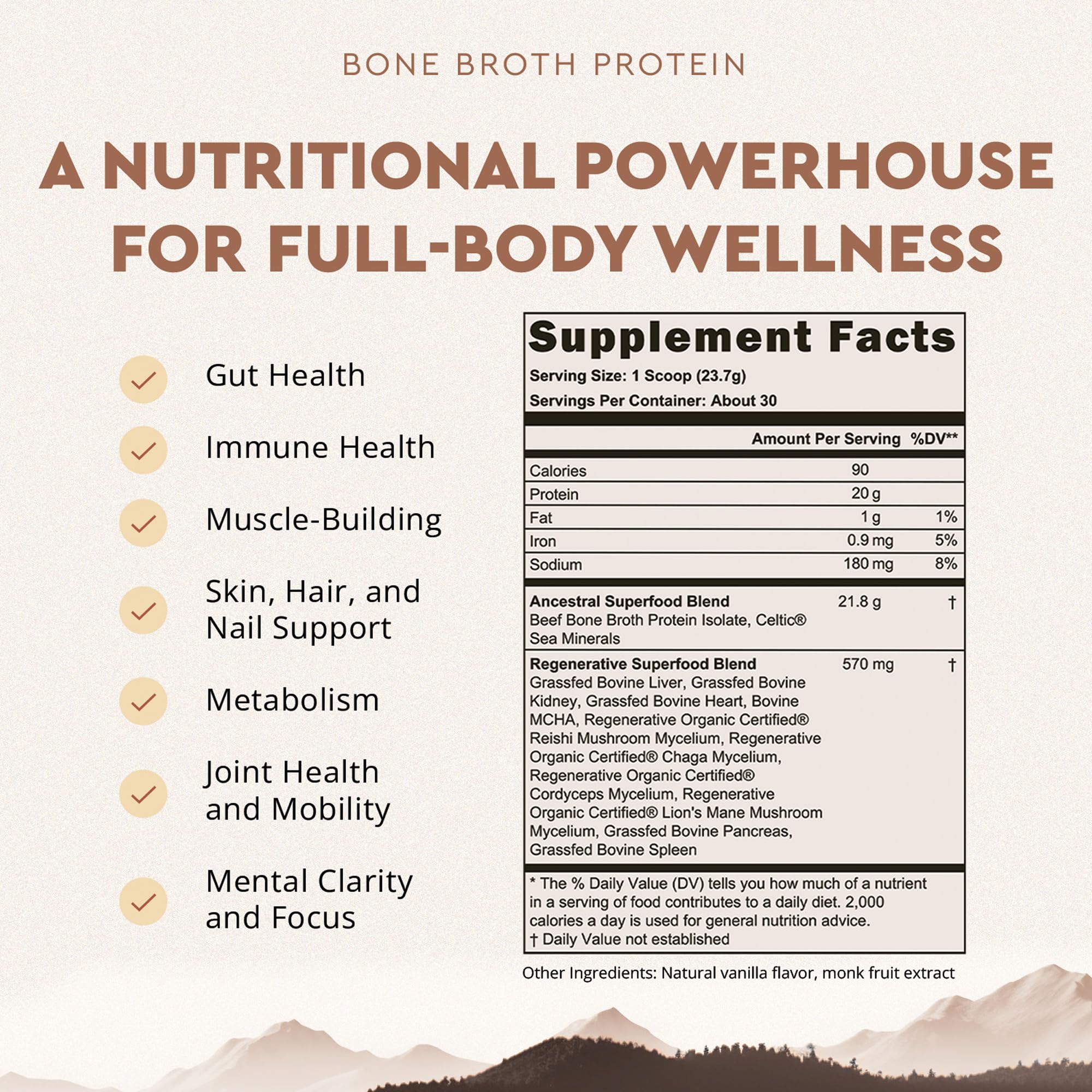 Ancestral Supplements vanilla protein scoop showing measurements for convenient servings.