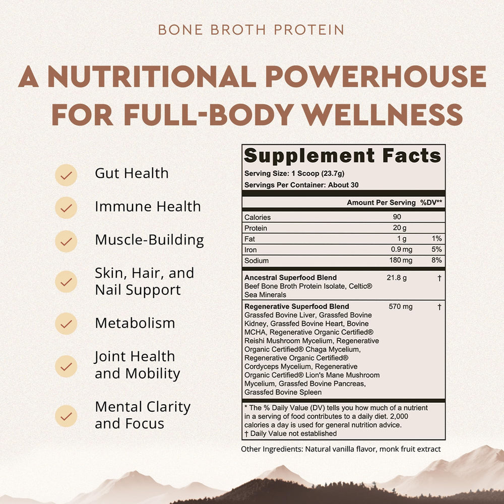 Ancestral Supplements vanilla protein scoop showing measurements for convenient servings.