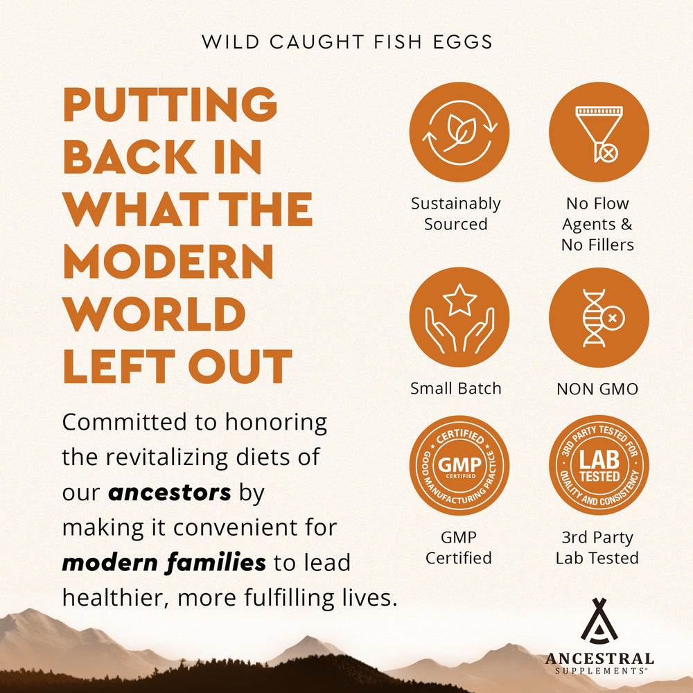 Ancestral Supplements vitamins d-k2-a in fish eggs for daily support.
