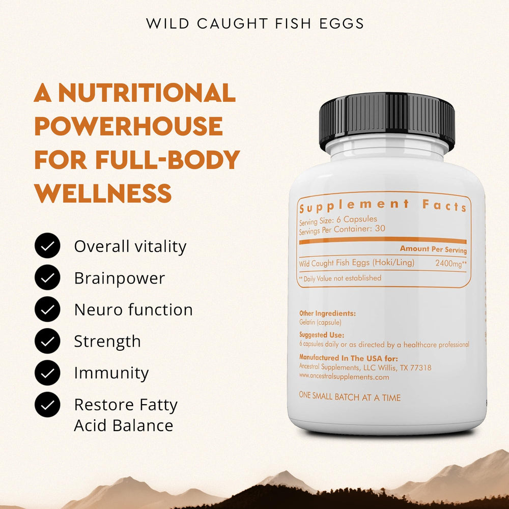 Ancestral Supplements wild caught fish eggs omega-3 capsules support daily wellness.