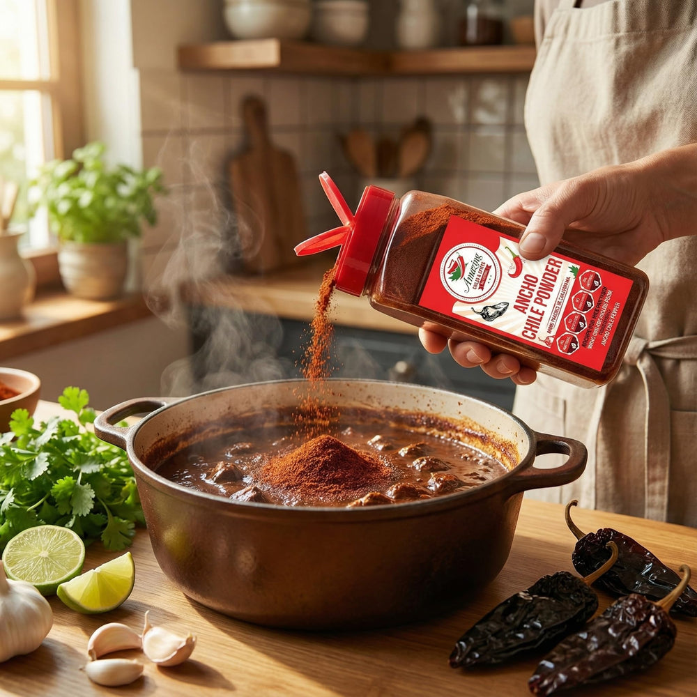 Amazing Chiles & Spices ancho powder dispensing spoon ready for quick seasoning boosts flavor.