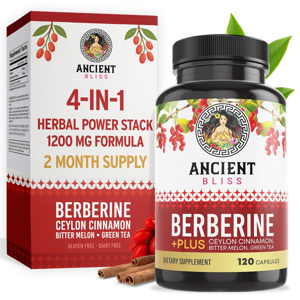 Ancient Bliss Berberine HCL bottle for daily wellness, clear dosage label