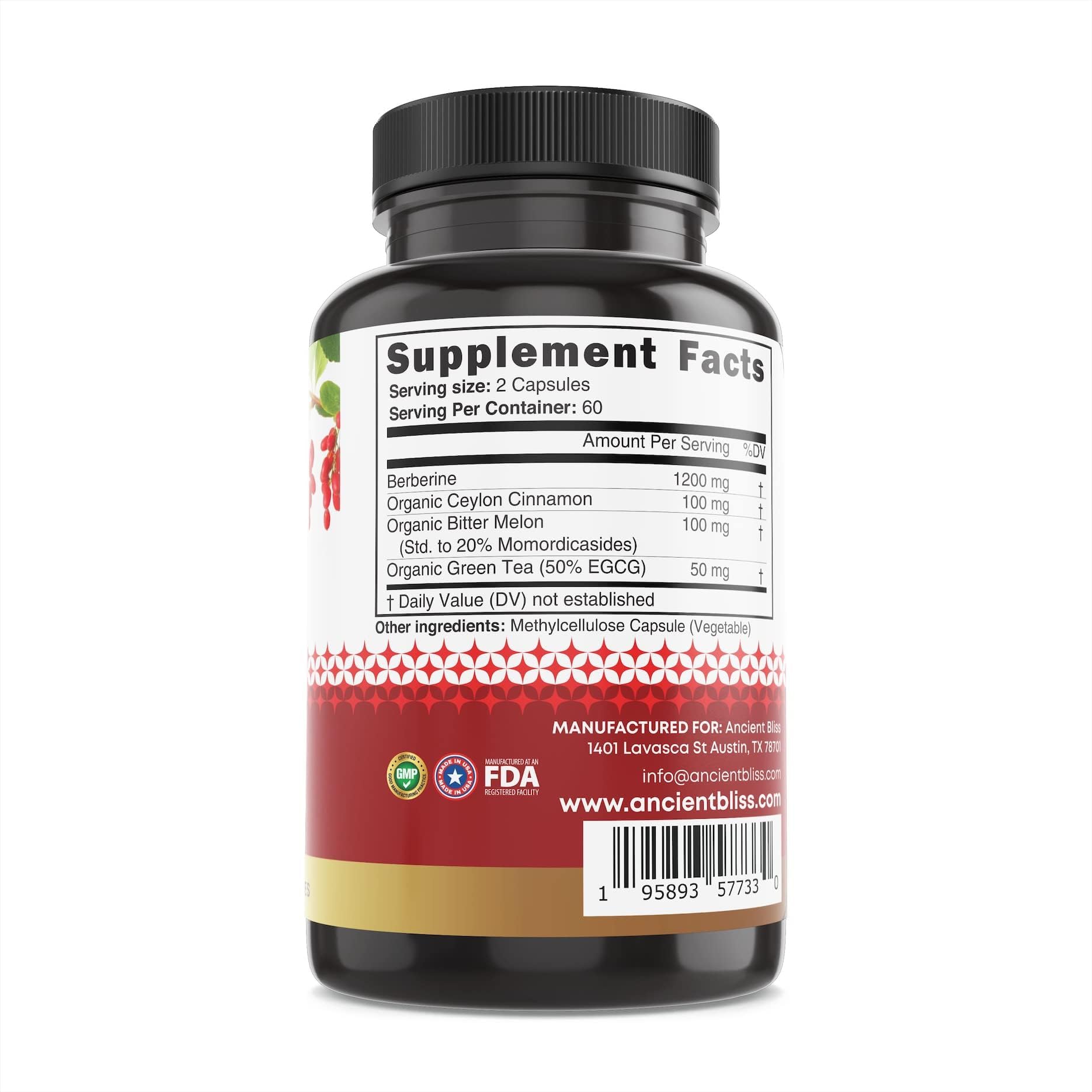 Ancient Bliss Berberine HCL with Cinnamon image highlighting metabolism support