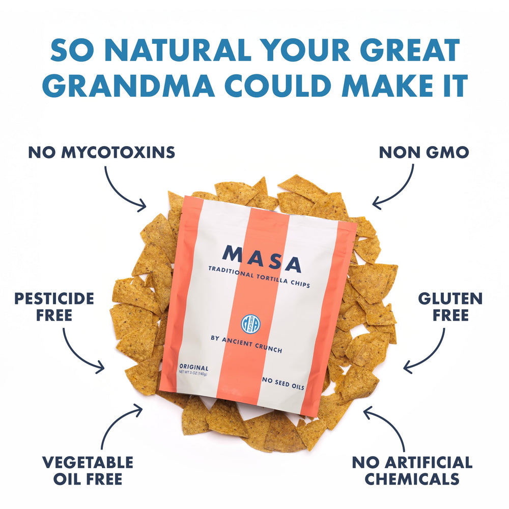 Ancient Crunch MASA chips non-GMO corn highlights natural ingredients.