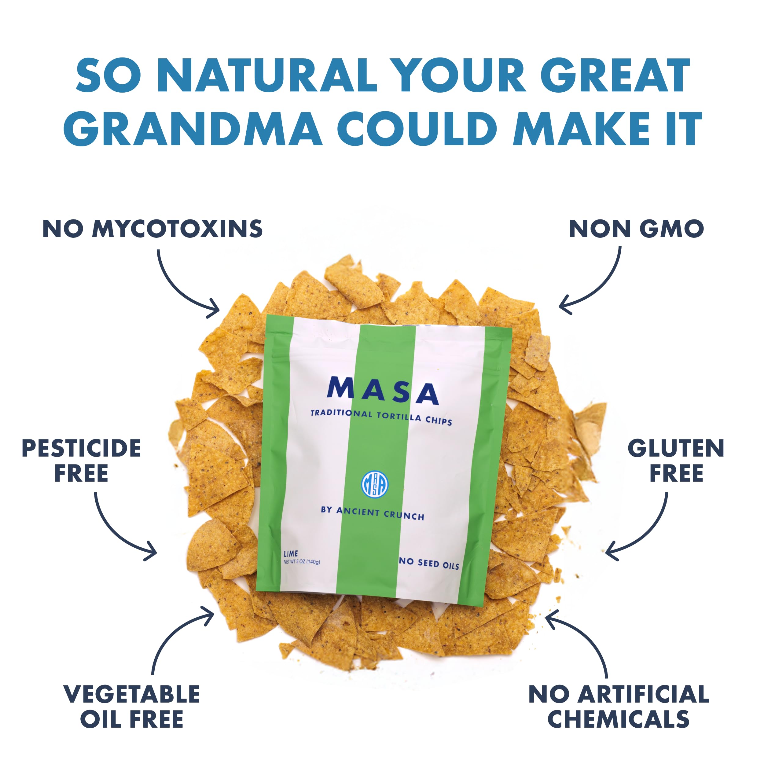 Ancient Crunch MASA Lime Chips with lime wedges highlighting fresh citrus